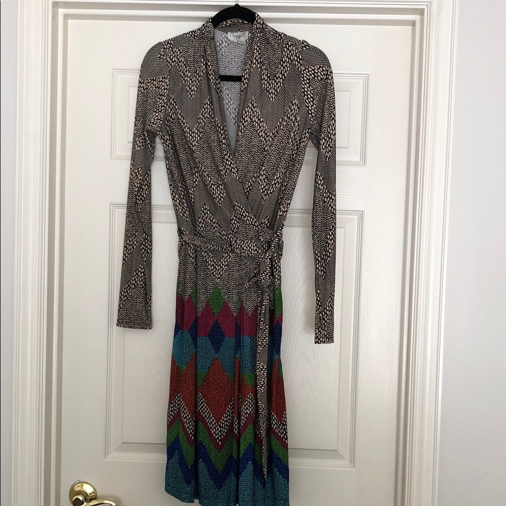 Maggy L Long Sleeve Diamond Panel Wrap Dress in Multi Colors